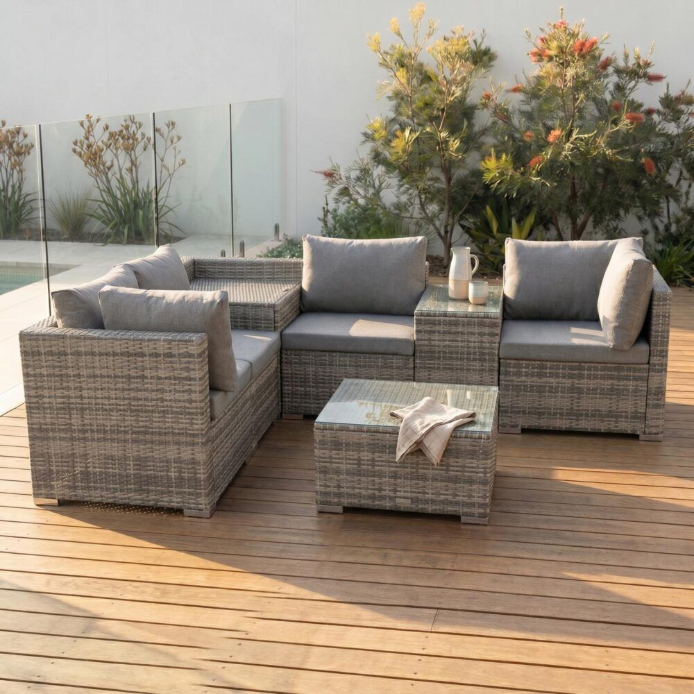 7Pc Outdoor Wicker Lounge With Storage Corner (Grey)