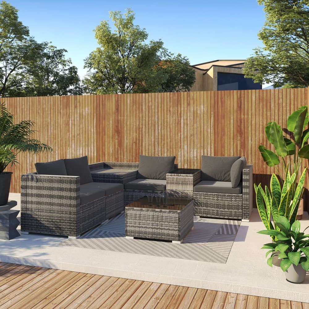 7Pc Outdoor Wicker Lounge With Storage Corner (Grey)