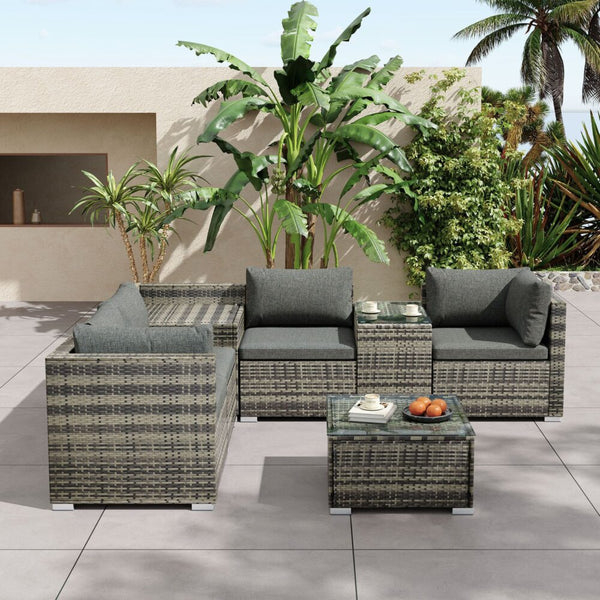  7Pc Outdoor Wicker Lounge With Storage Corner (Grey)