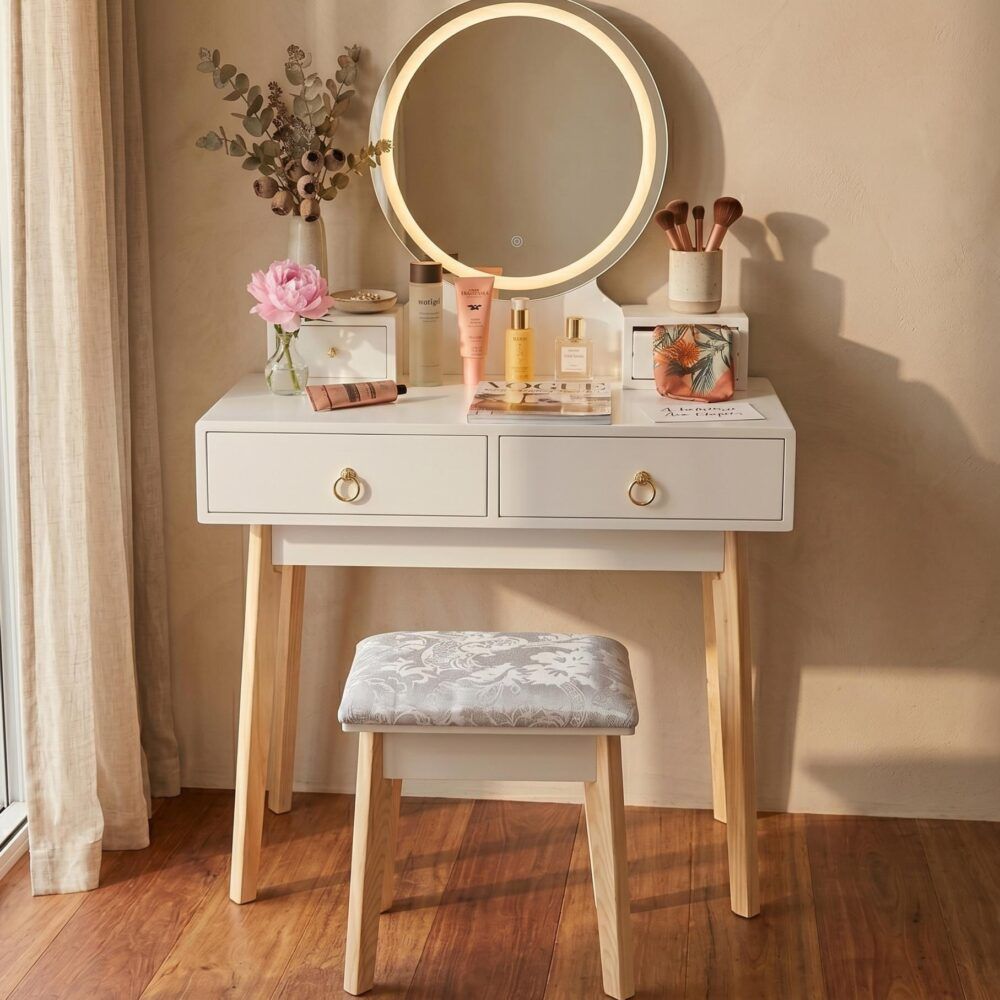 Dressing Vanity Table Stool Set with Make-up LED Lighted Mirror-White