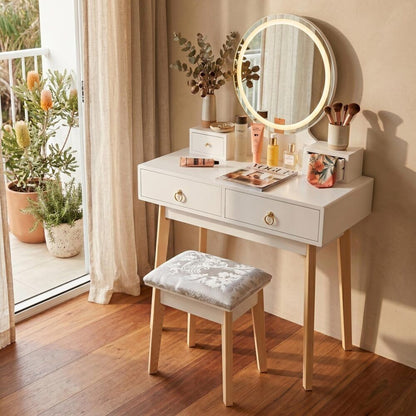 Dressing Vanity Table Stool Set with Make-up LED Lighted Mirror-White