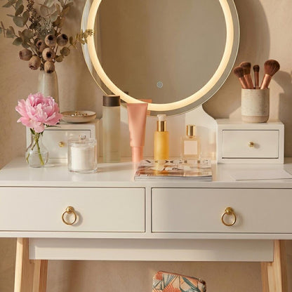 Dressing Vanity Table Stool Set with Make-up LED Lighted Mirror-White