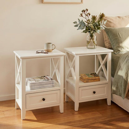 2-Tier Bedside Table With Storage Drawer 2 Pc Rustic White