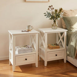 2-Tier Bedside Table With Storage Drawer 2 Pc Rustic White