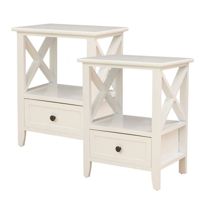 2-Tier Bedside Table With Storage Drawer 2 Pc Rustic White