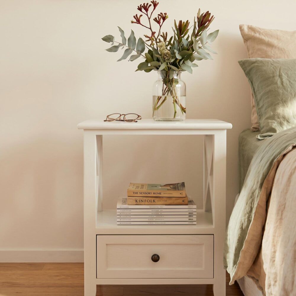 2-Tier Bedside Table With Storage Drawer 2 Pc Rustic White