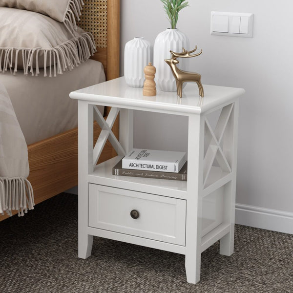  2-Tier Bedside Table With Storage Drawer 2 Pc Rustic White