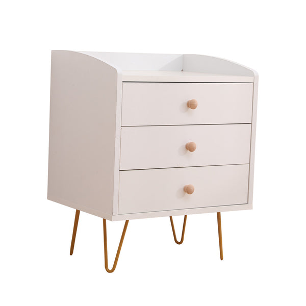  Winston 3-Drawer Nightstand Bedside Table with Gold Steel Legs Tray Top White