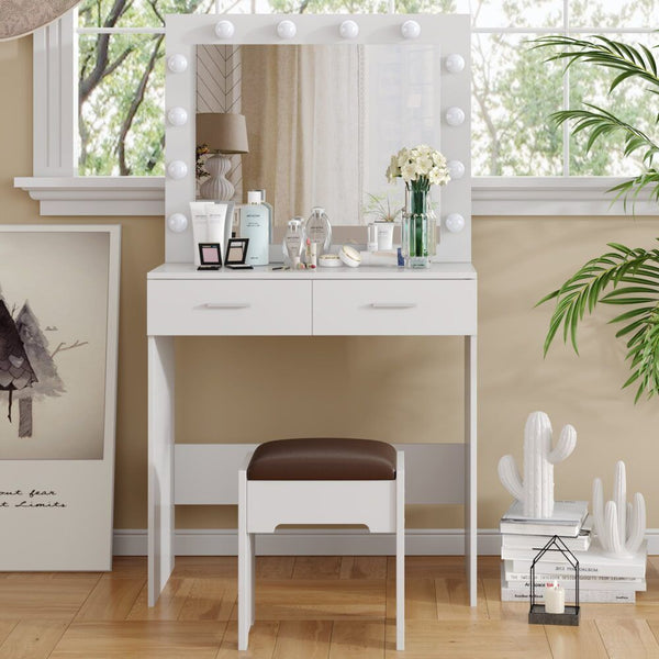  Vanity Set With Cushioned Stool And Lighted Mirror- White