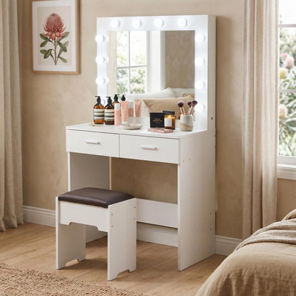 Vanity Set With Cushioned Stool And Lighted Mirror- White