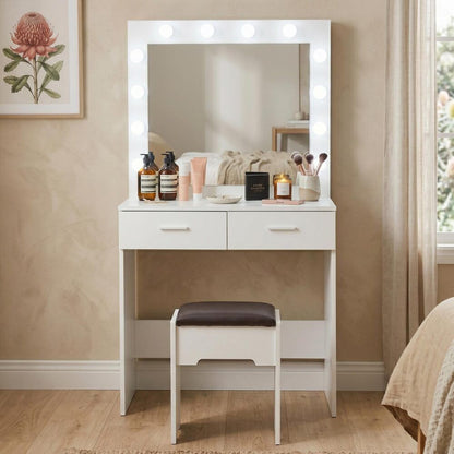 Vanity Set With Cushioned Stool And Lighted Mirror- White
