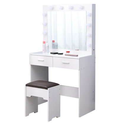 Vanity Set With Cushioned Stool And Lighted Mirror- White