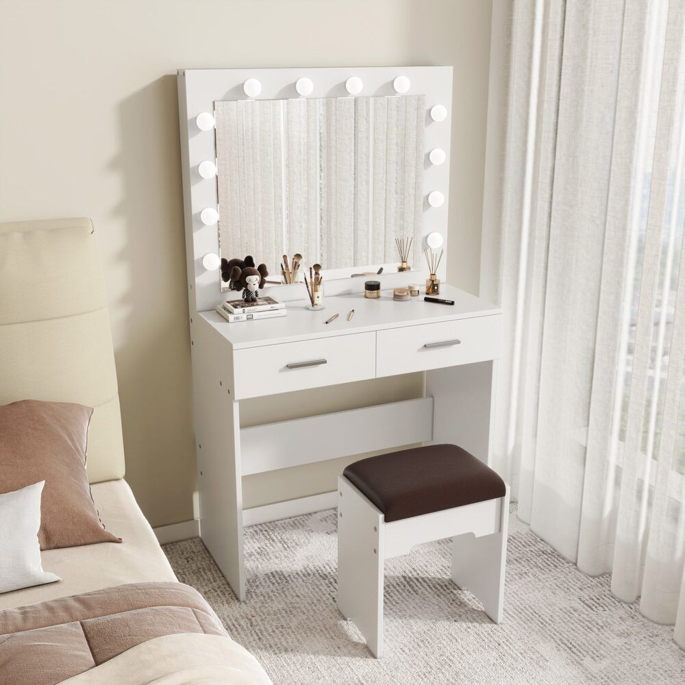 Vanity Set With Cushioned Stool And Lighted Mirror- White
