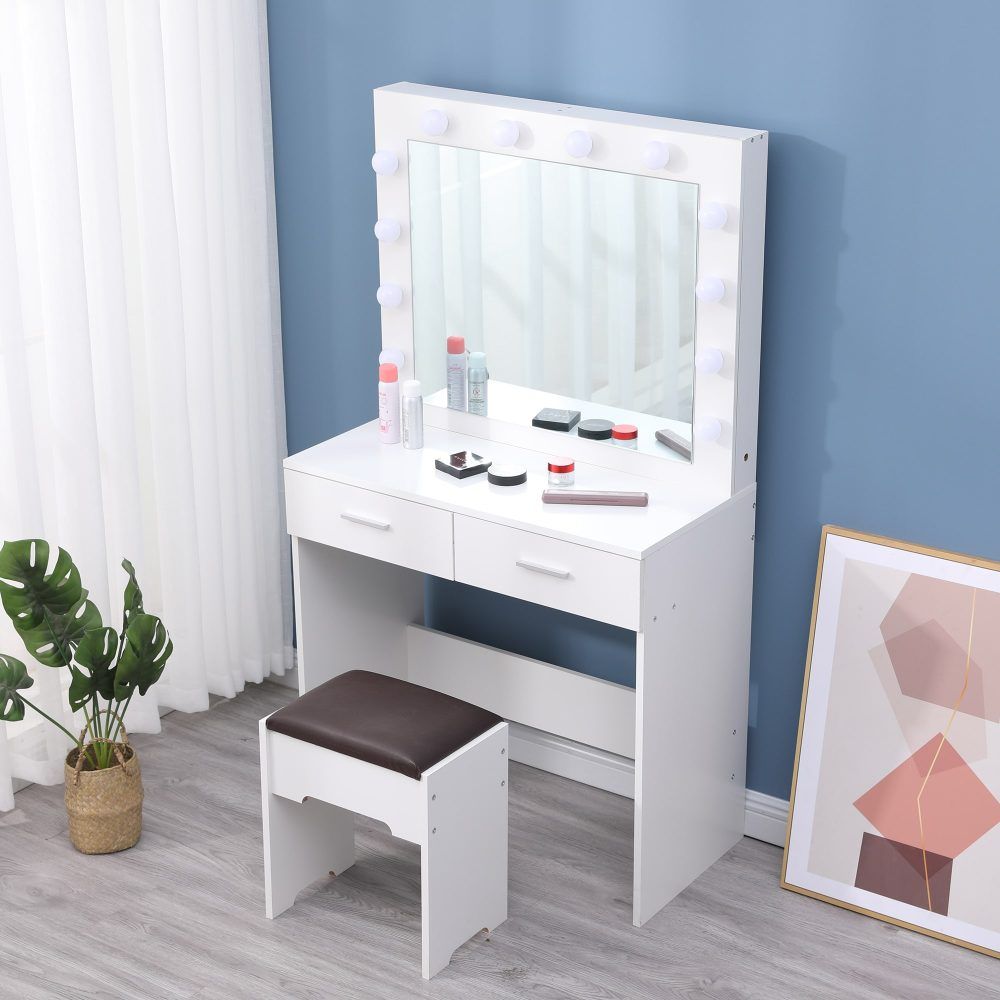 Vanity Set With Cushioned Stool And Lighted Mirror- White