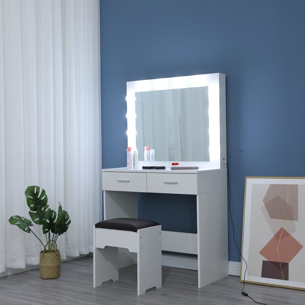 Vanity Set With Cushioned Stool And Lighted Mirror- White