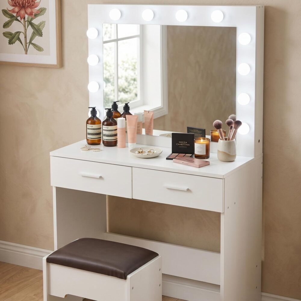 Vanity Set With Cushioned Stool And Lighted Mirror- White