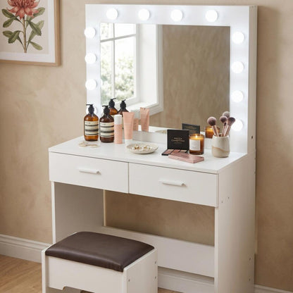 Vanity Set With Cushioned Stool And Lighted Mirror- White