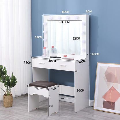 Vanity Set With Cushioned Stool And Lighted Mirror- White