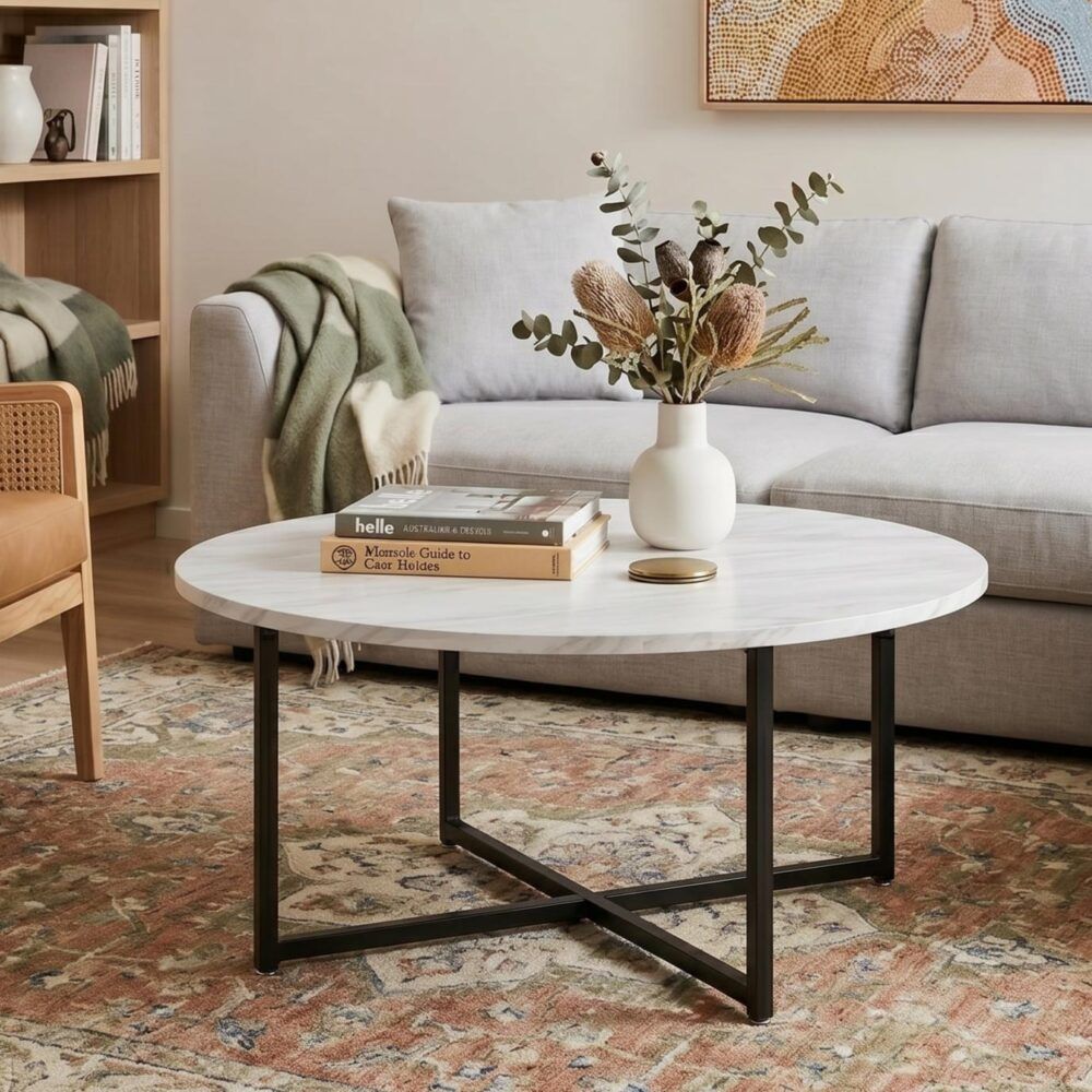 White Marble Effect Round Coffee Table with Black Legs