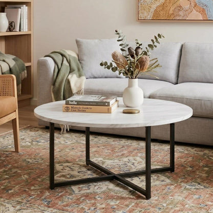 White Marble Effect Round Coffee Table with Black Legs