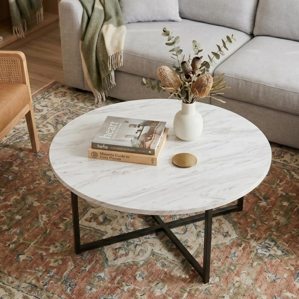 White Marble Effect Round Coffee Table with Black Legs