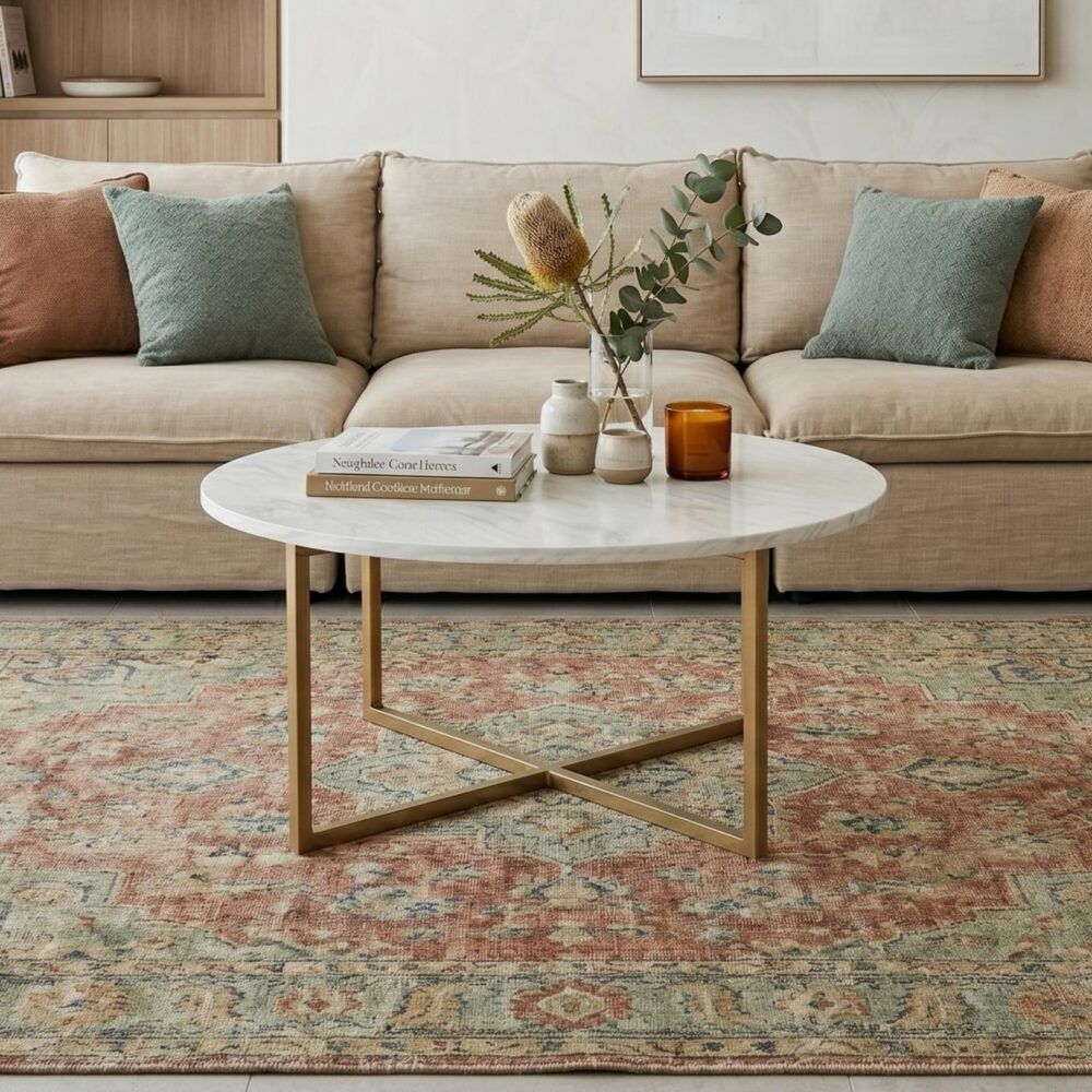 White Marble Effect Round Coffee Table With Gold Legs