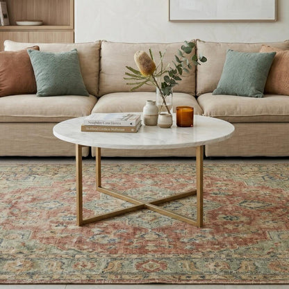 White Marble Effect Round Coffee Table With Gold Legs