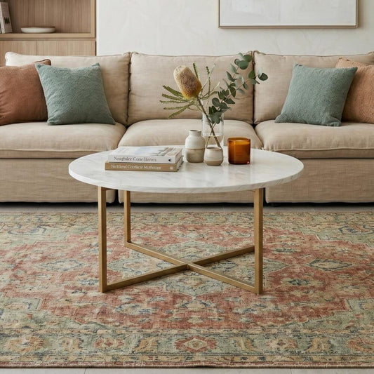 White Marble Effect Round Coffee Table With Gold Legs