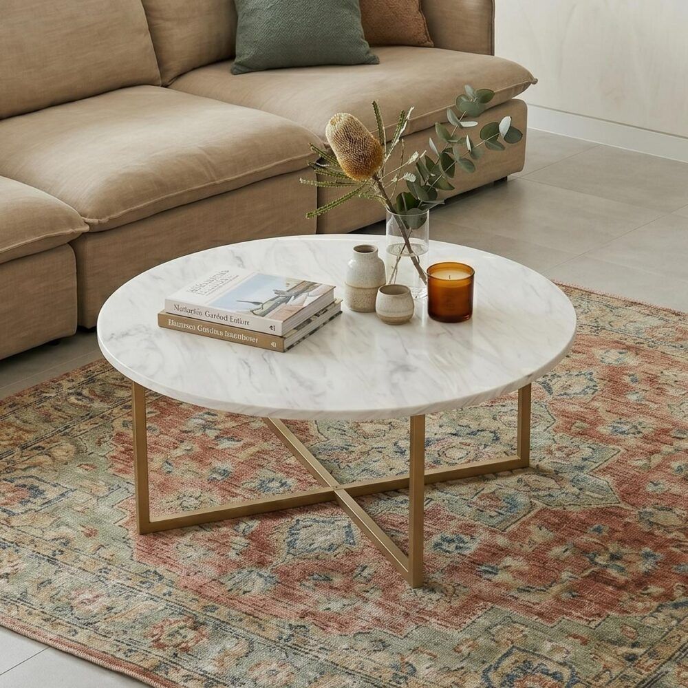 White Marble Effect Round Coffee Table With Gold Legs