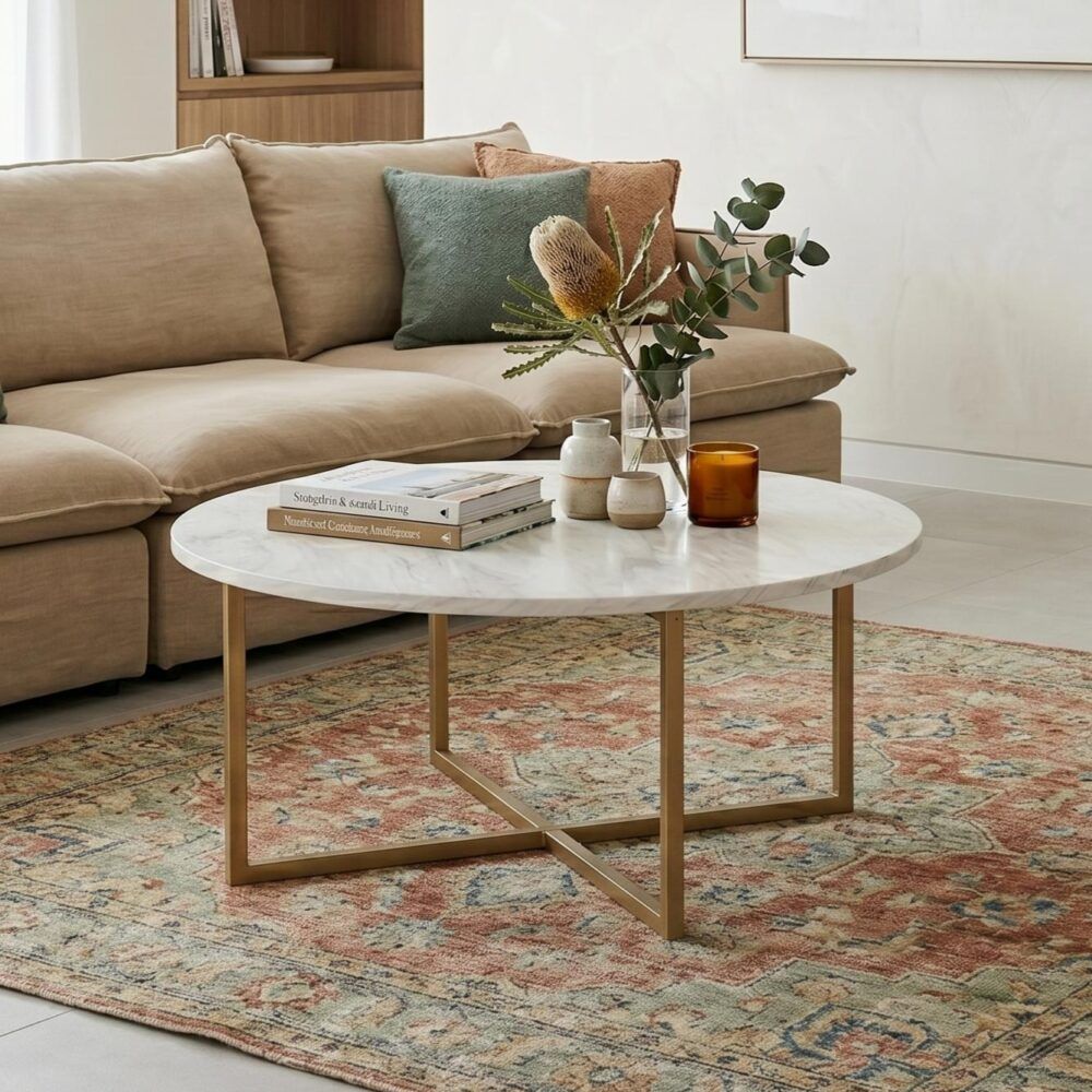 White Marble Effect Round Coffee Table With Gold Legs