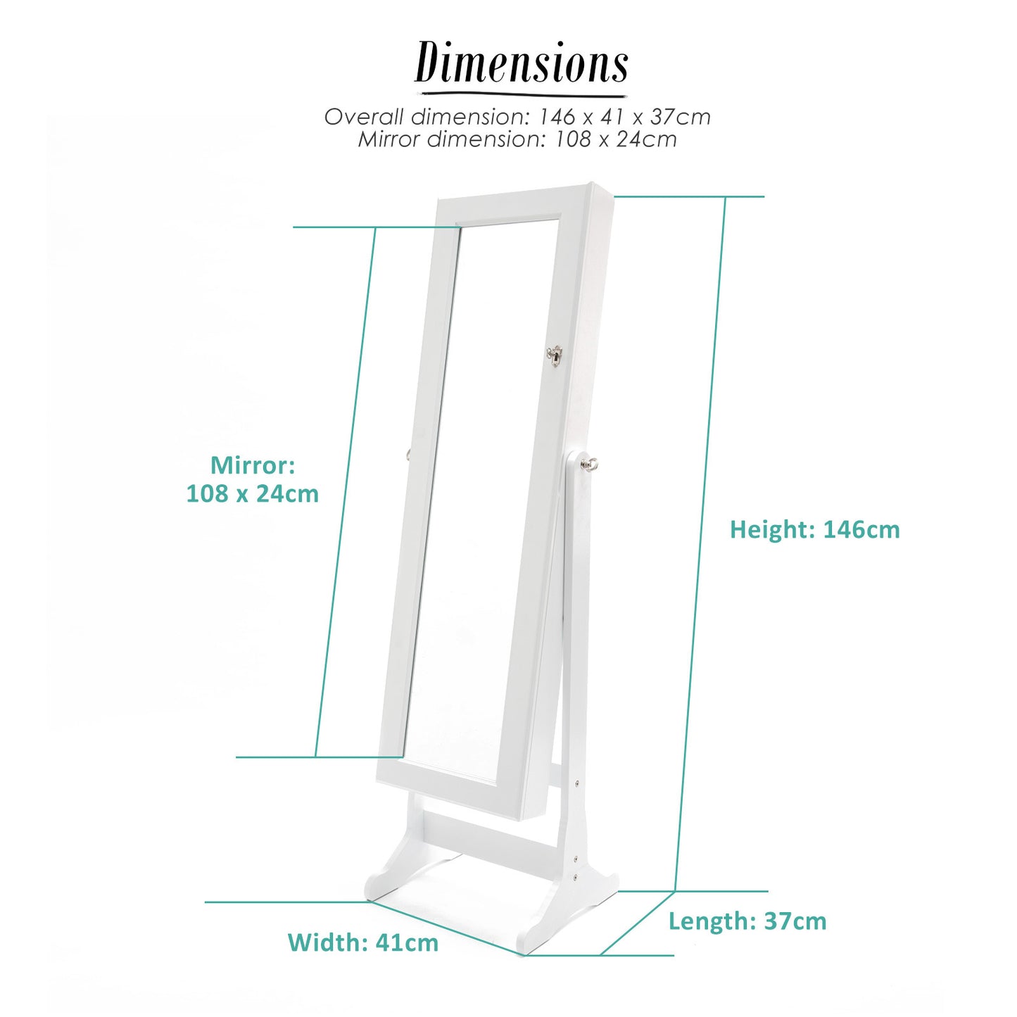 White/Black Mirror Jewellery Cabinet Lowe 146Cm Organiser 2 Drawers