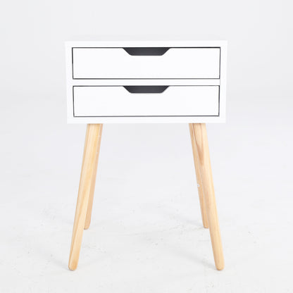 White Bedside Table with 2 Drawers and Wood Legs
