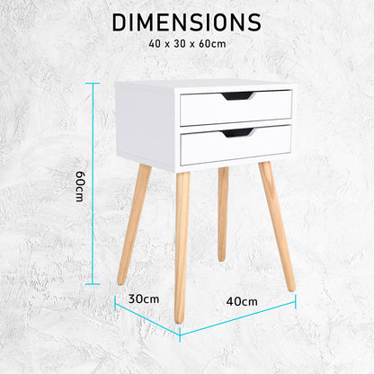 White Bedside Table with 2 Drawers and Wood Legs