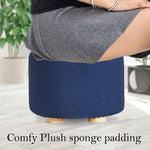 Fabric Ottoman Round Wooden Leg Foot Stool - Dark Blue