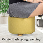 Mustard Yellow Fabric Ottoman Round Wooden Leg Foot Stool