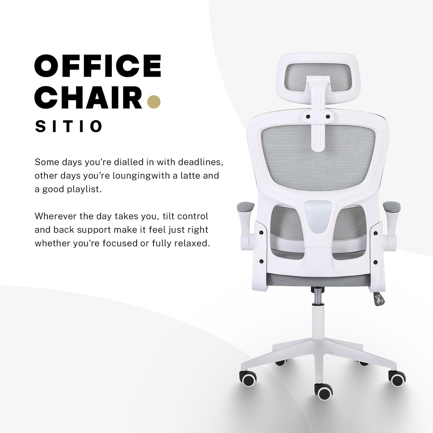 White office chair 58x58x118cm, in room setting