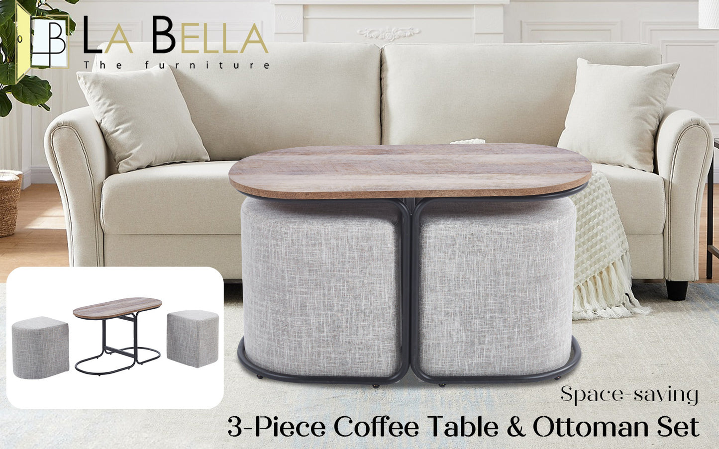 3 Piece Set Coffee Table & Ottoman Wood Side End Table Industrial - Dark Grey