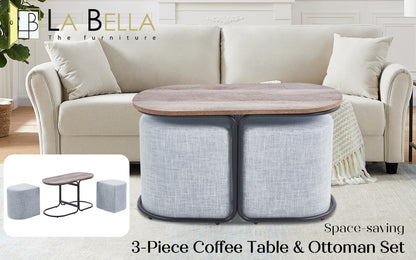 3 Piece Set Coffee Table & Ottoman Wood Side End Table Industrial - Dark Grey