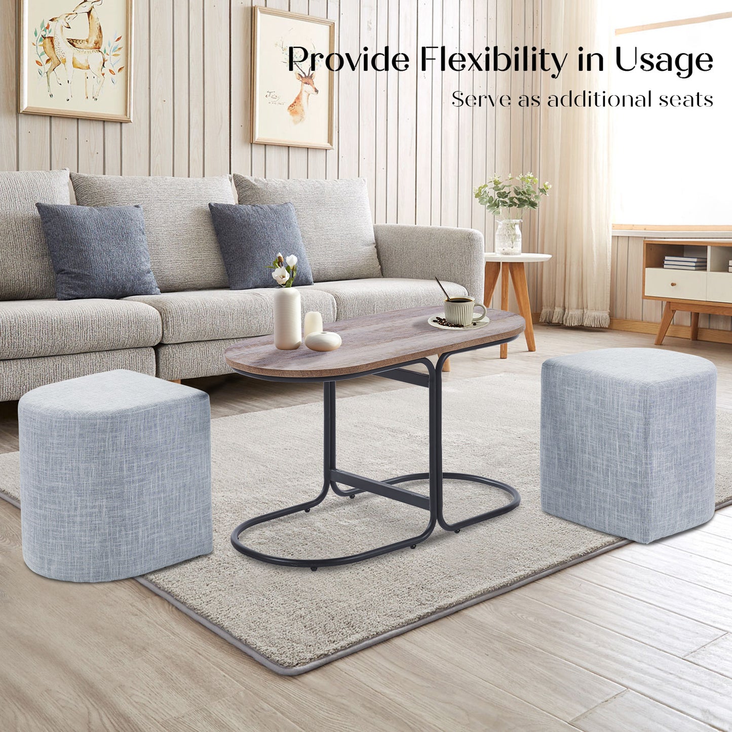 3 Piece Set Coffee Table & Ottoman Wood Side End Table Industrial - Dark Grey