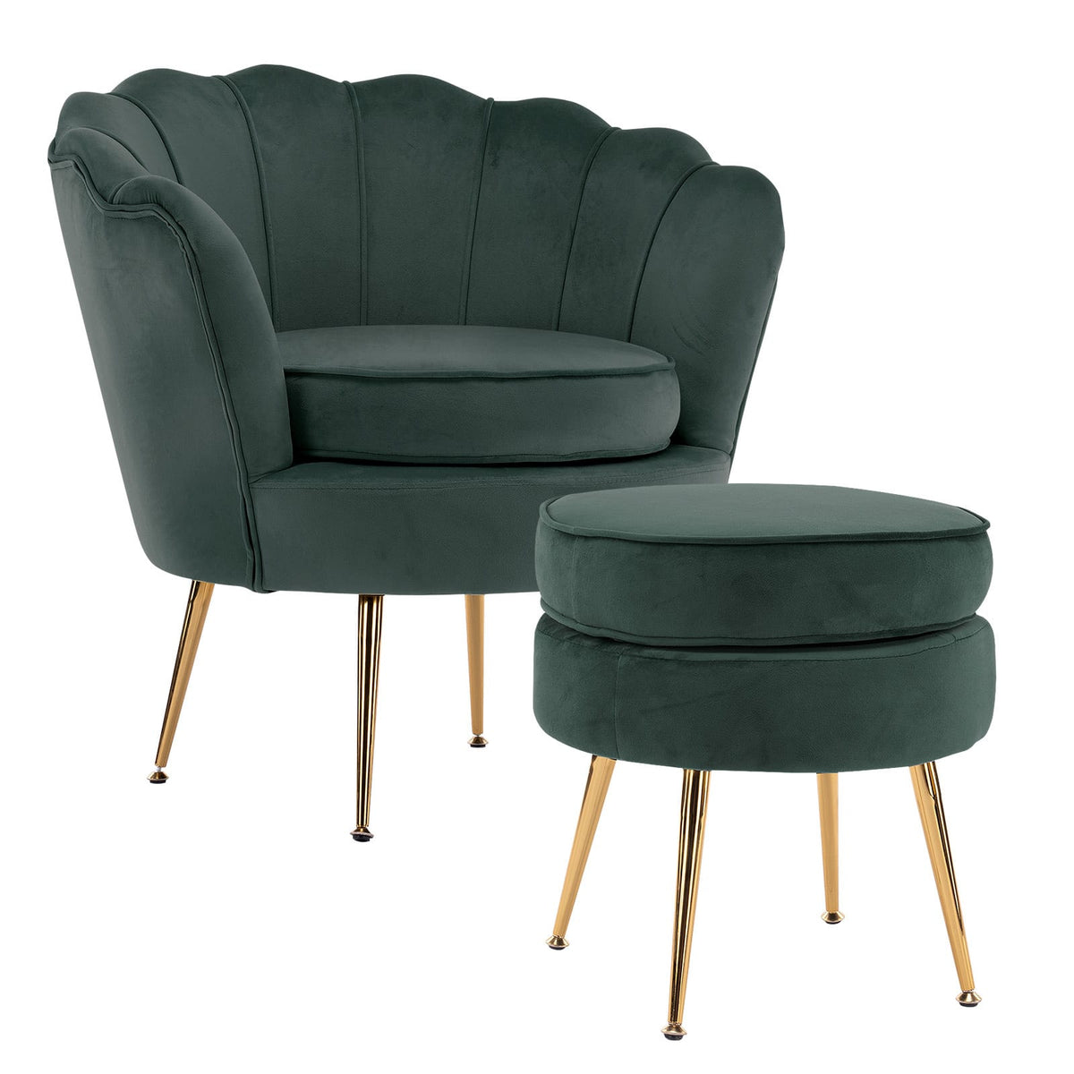 Velvet Armchair Ottoman Set Green 63x73x74cm