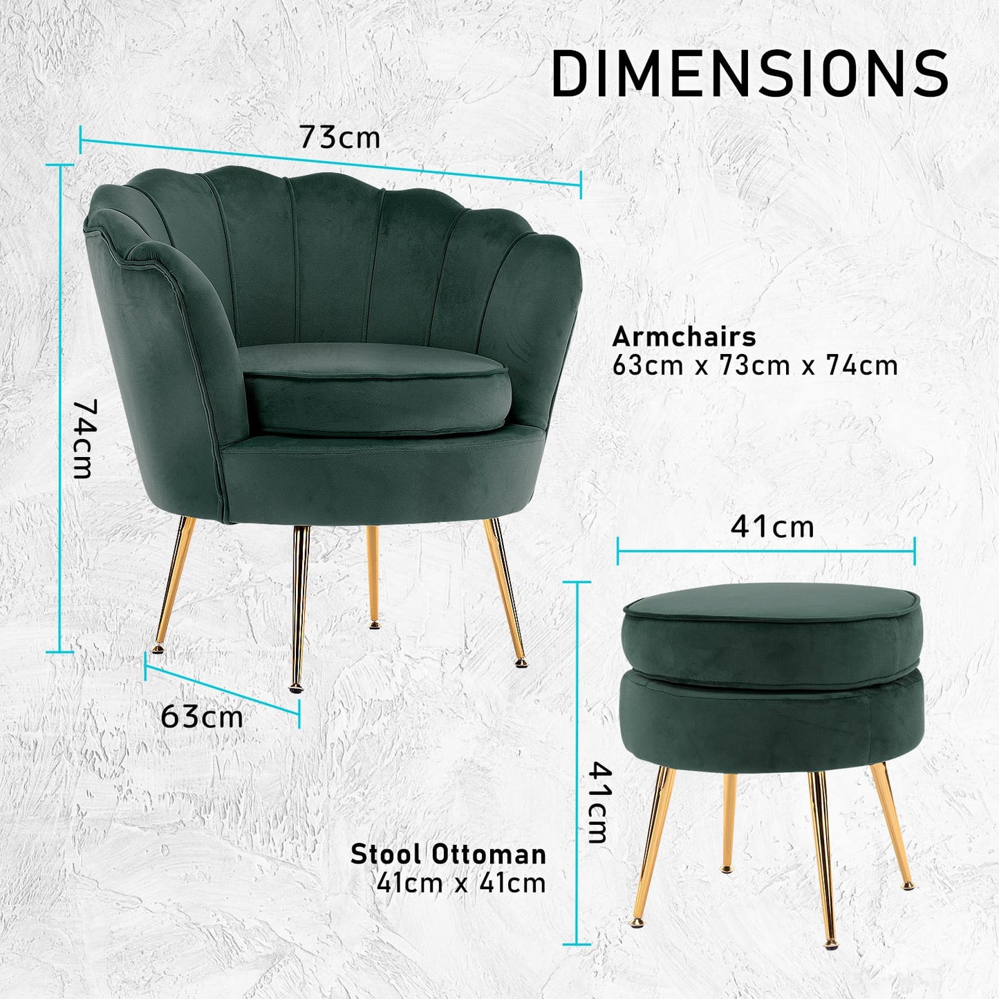 Velvet Armchair Ottoman Set Green 63x73x74cm