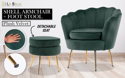 Velvet Armchair Ottoman Set Green 63x73x74cm