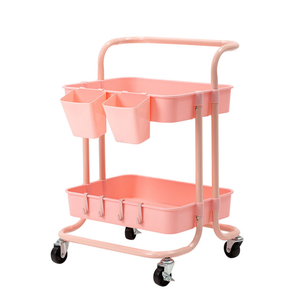  2 Tier Pink Trolley Cart Storage Utility Rack Organiser Swivel Kitchen