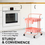 2 Tier Pink Trolley Cart Storage Utility Rack Organiser Swivel Kitchen