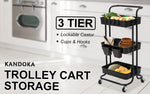 3 Tier Black Trolley Cart Storage Utility Rack Organiser Swivel Kitchen
