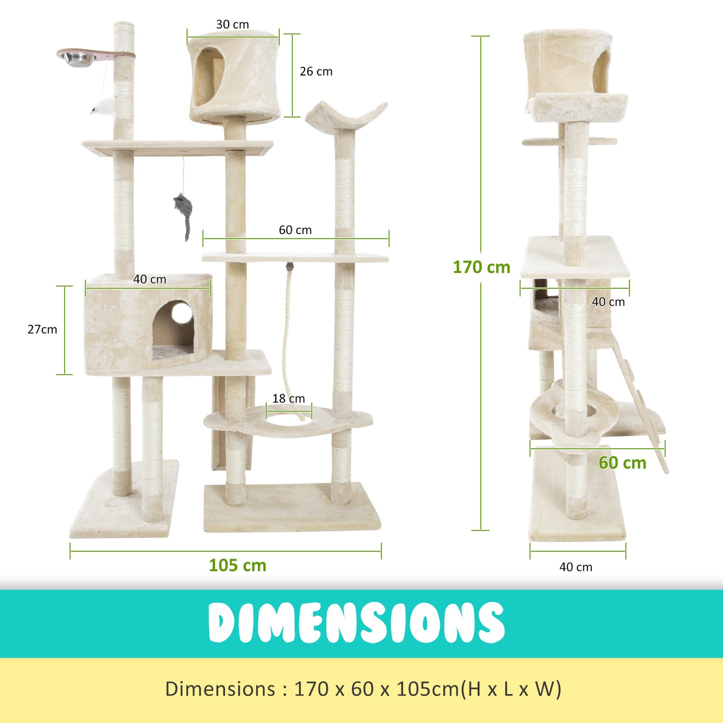 Cat Tree Multi Level Scratcher Danie 170Cm Beige