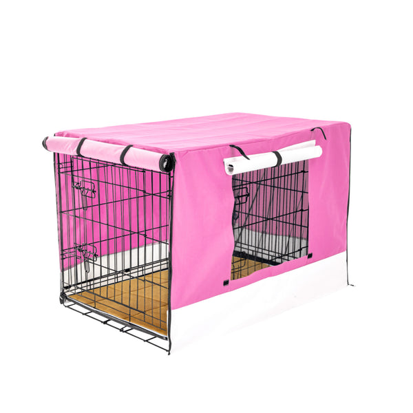  30in Wire Dog Crate w/ Tray, Cushion & Pink Cover