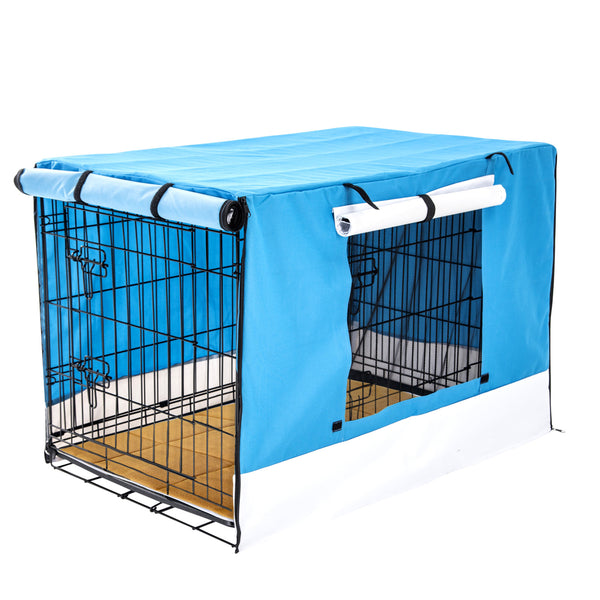  Wire Dog Cage Crate 48In With Tray + Cushion Mat + Blue Cover Combo