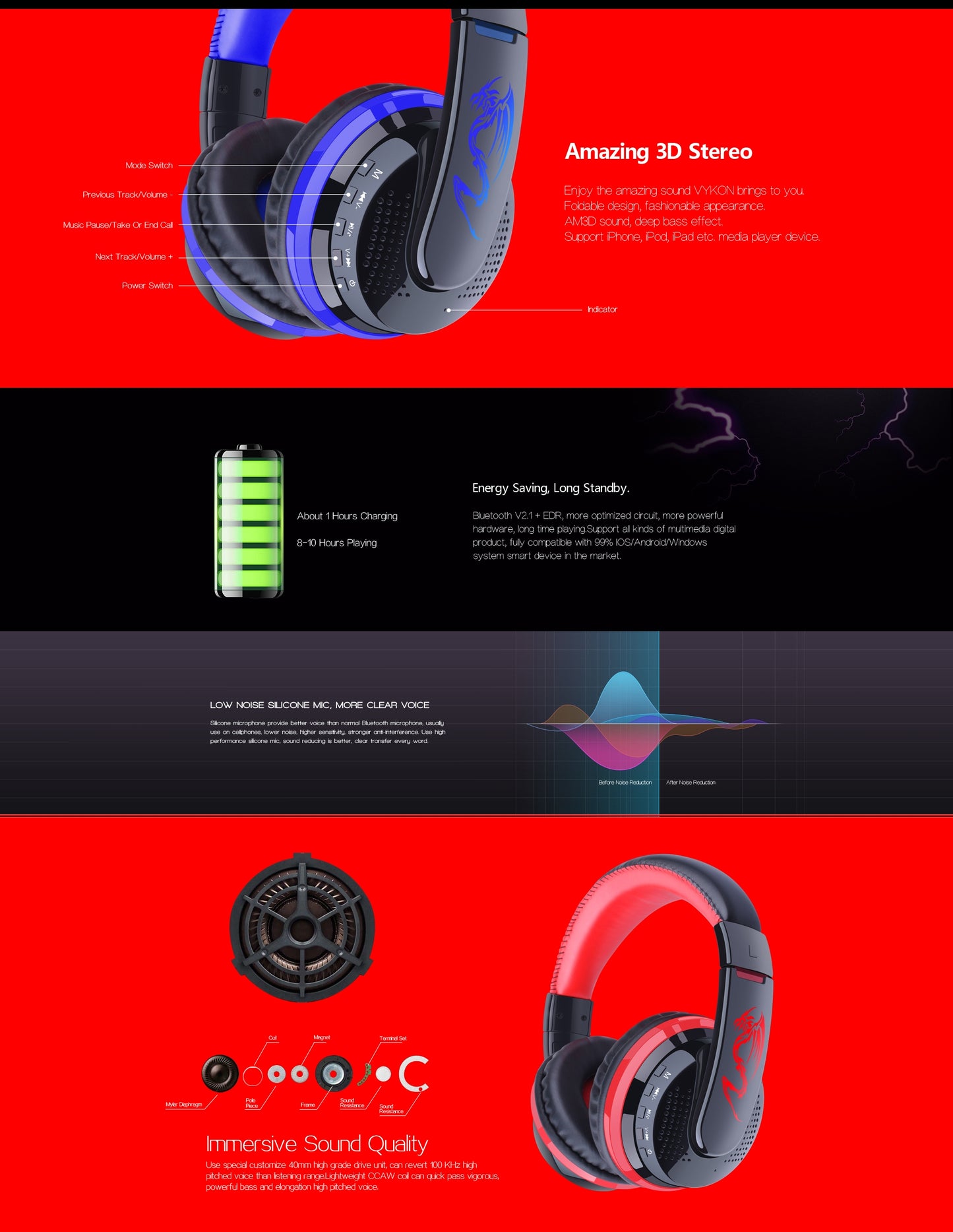 MX666 Wireless Bluetooth Music Headphones with Mic Noise Canceling - Red