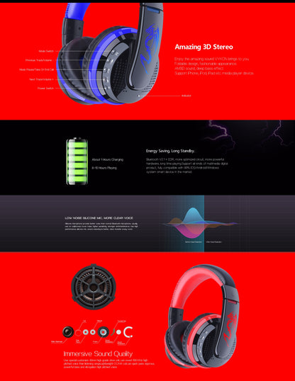 MX666 Wireless Bluetooth Music Headphones with Mic Noise Canceling - Red